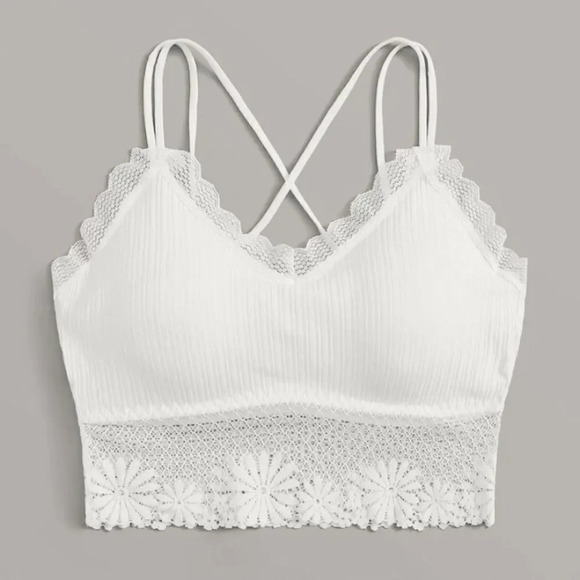 NEW! Ribbed Floral Lace Trim Strappy Bralette - Picture 2 of 6